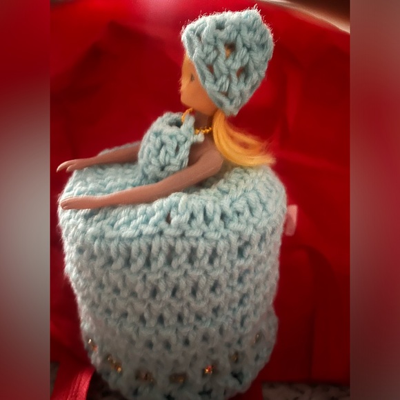 Hand Crafted Teal Blue with Gold Trim Toilet Paper Cover Doll Retro Collectible - Picture 2 of 4